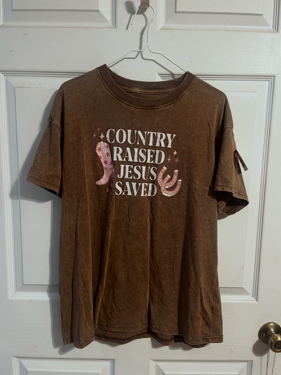 Tops - Country Raised Jesus Saved Brown Oversized Graphic Tee - Sz Medium